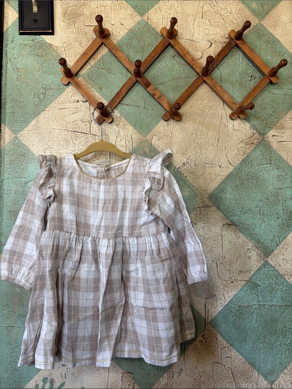 Mud Pie Beige and White Plaid Ruffle-Sleeve Kids Dress